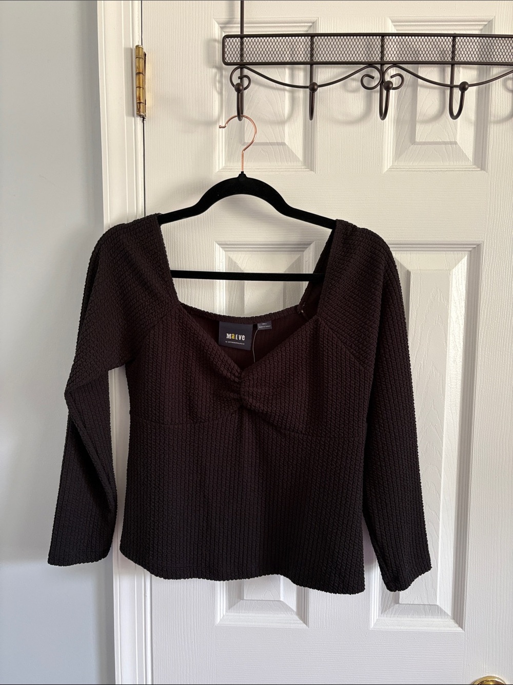 NWT Maeve Anthropologie Black Textured Sweetheart Babydoll Long Sleeve Top Sz S